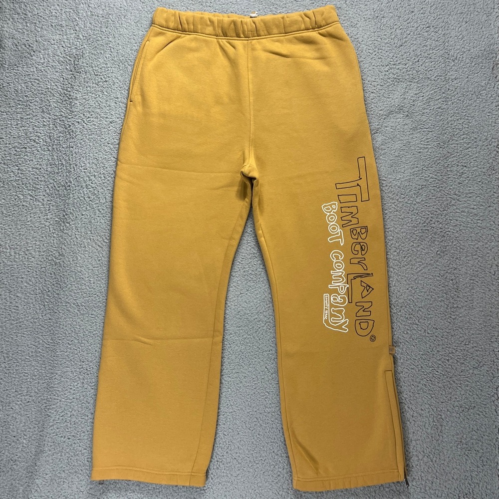 Timberland Sweatpants Men's L Mustard Yellow Boot Company Graphic Logo Ankle Zip